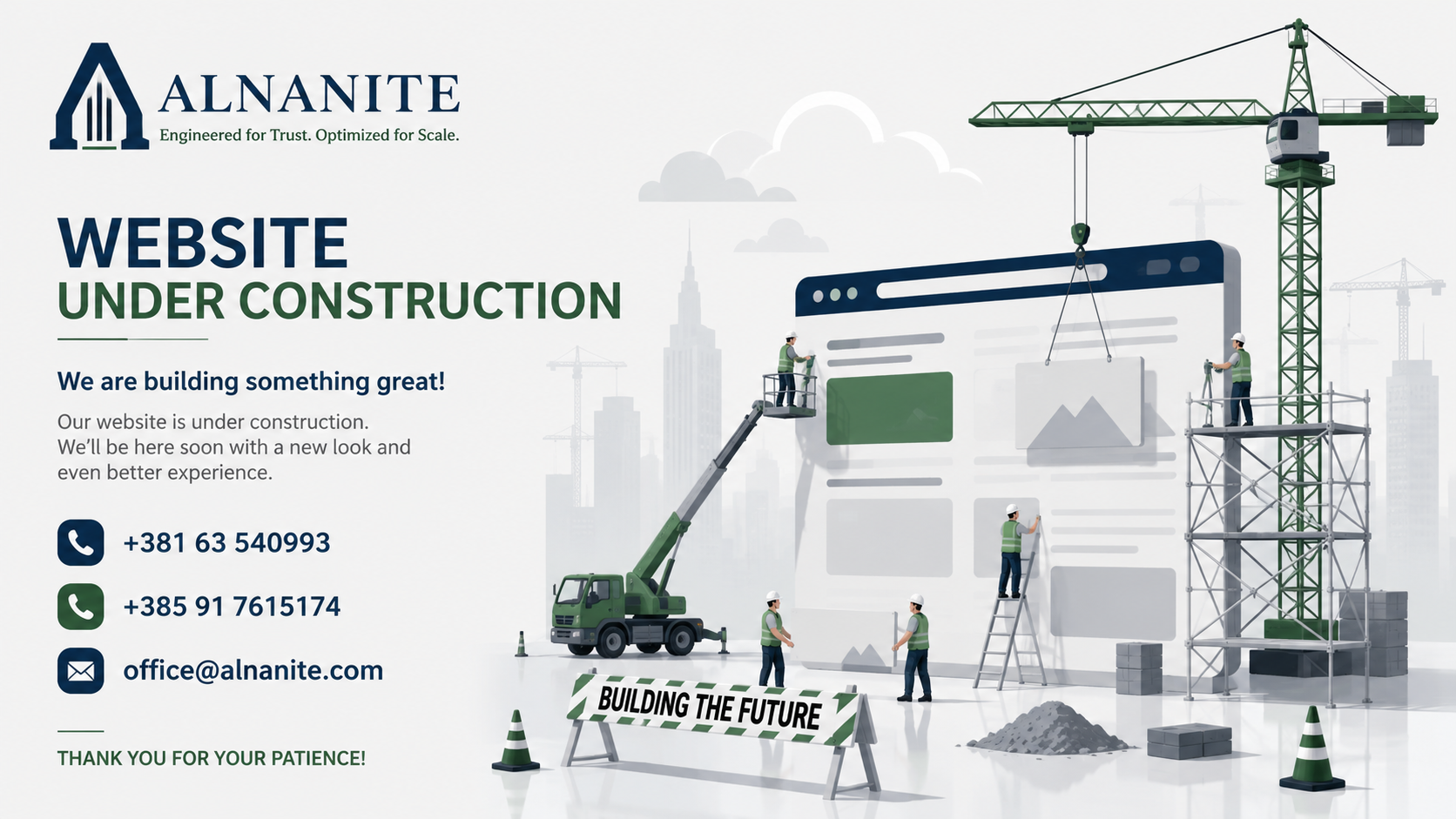 ALNANITE website under construction. Contact us at +381 63 540993, +385 91 7615174 or office@alnanite.com.